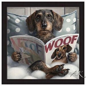 Wirehair Dachshund Reading WOOF Magazine Framed Art 🐾 Doxie Wiener